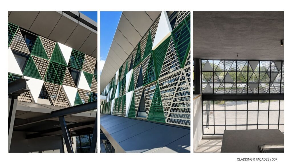 View through perforated aluminium facade screens from the building interior